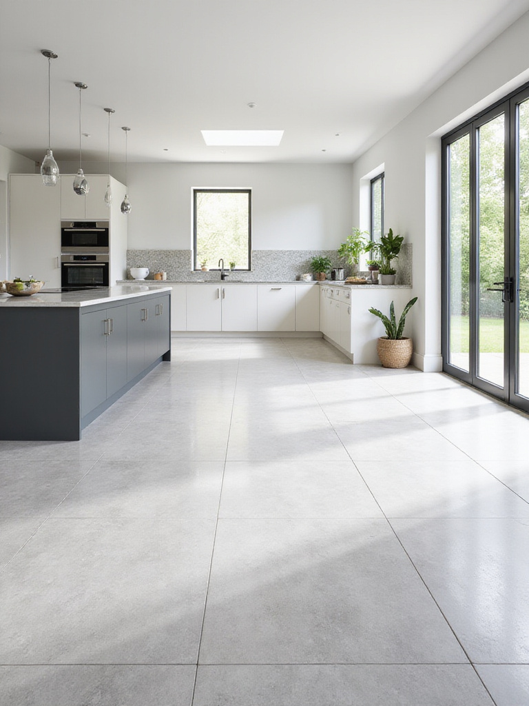 Large format light grey porcelain tile flooring in a modern, spacious kitchen with natural light.