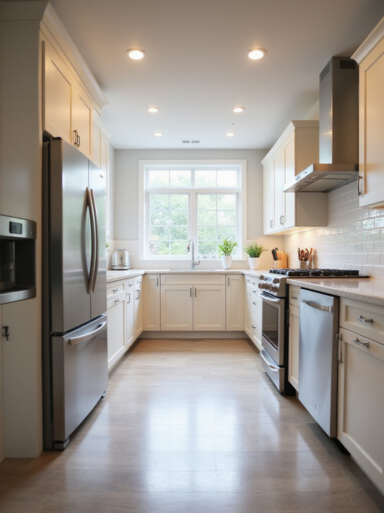 Modern kitchen featuring energy-efficient, stainless steel appliances seamlessly integrated into custom cabinetry, illustrating optimal sizing and design.
