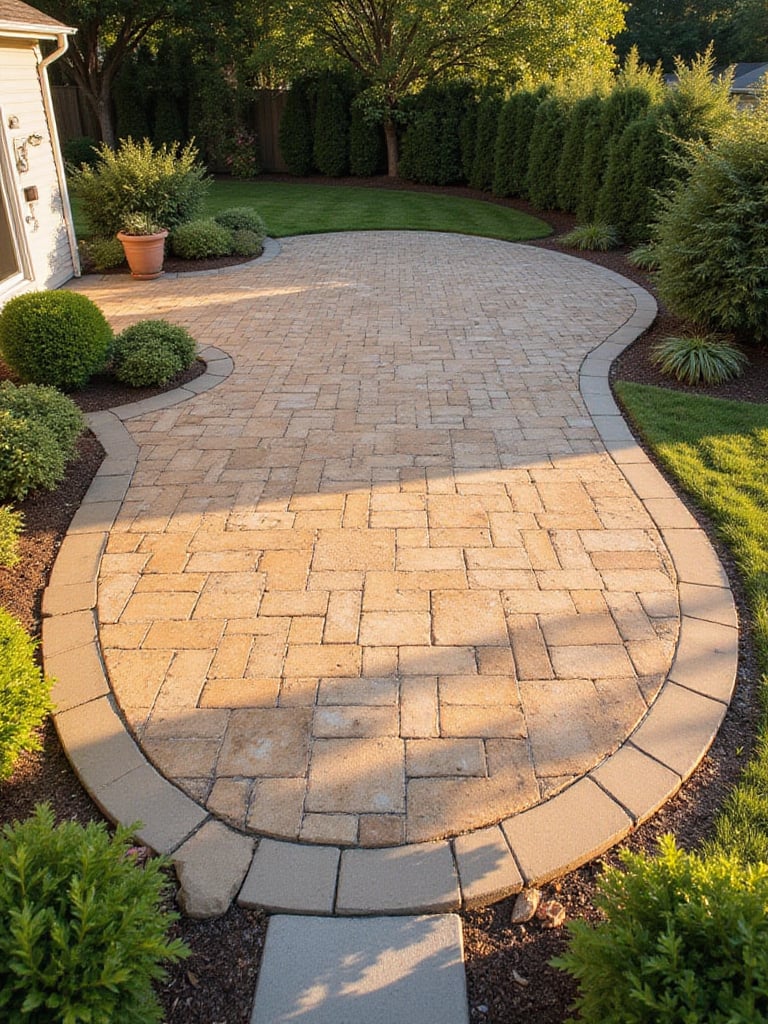 A backyard patio showcasing a combination of durable materials: concrete pavers, natural flagstone, and smooth poured concrete, surrounded by landscaping.