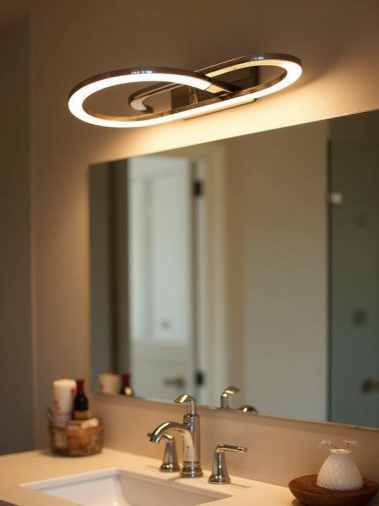 Modern bathroom with overhead vanity lights illuminating a mirror