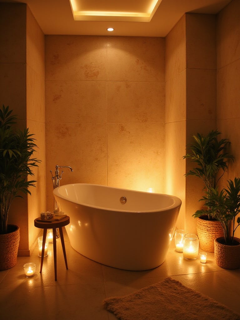 Cozy bathroom scene with warm white lighting illuminating a freestanding bathtub