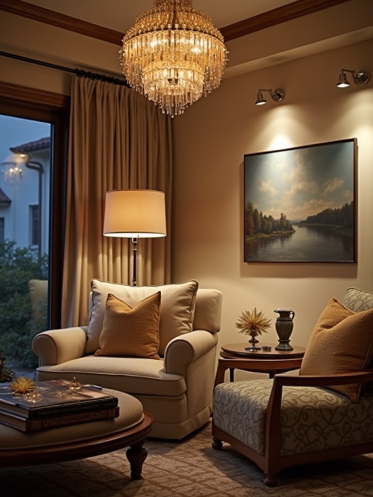 A well-lit living room with layered lighting showcasing ambient, task, and accent effects.