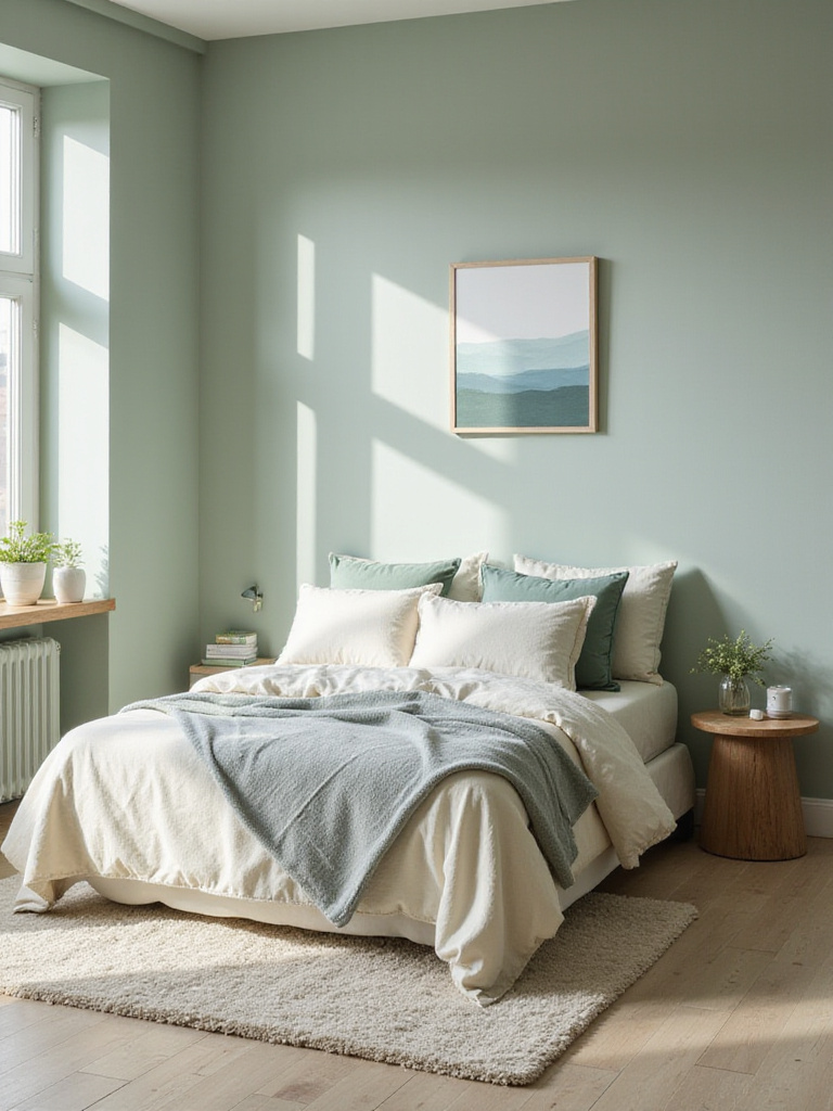 A serene apartment bedroom featuring soft sage green walls and layered bedding in calming neutral and green tones, illustrating a peaceful color palette.