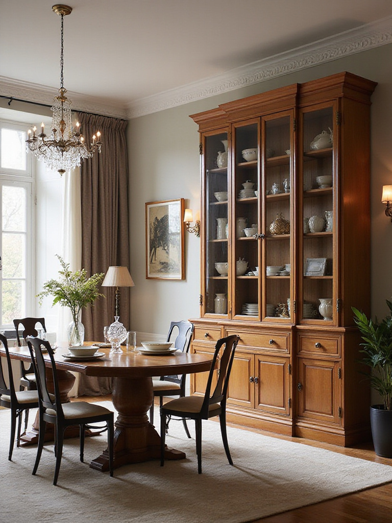 Elegant dining room with a large china cabinet filled with dishes, defining the space.