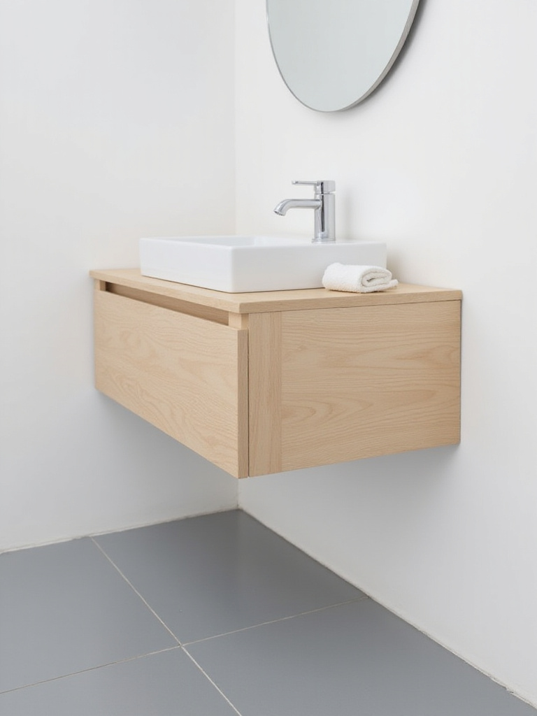 Small bathroom with light wood floating vanity and visible floor space underneath.