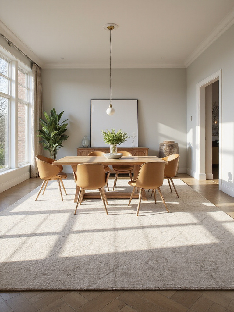 View of a stylish dining room featuring a large neutral-toned geometric pattern area rug placed under a rectangular dining table and chairs.