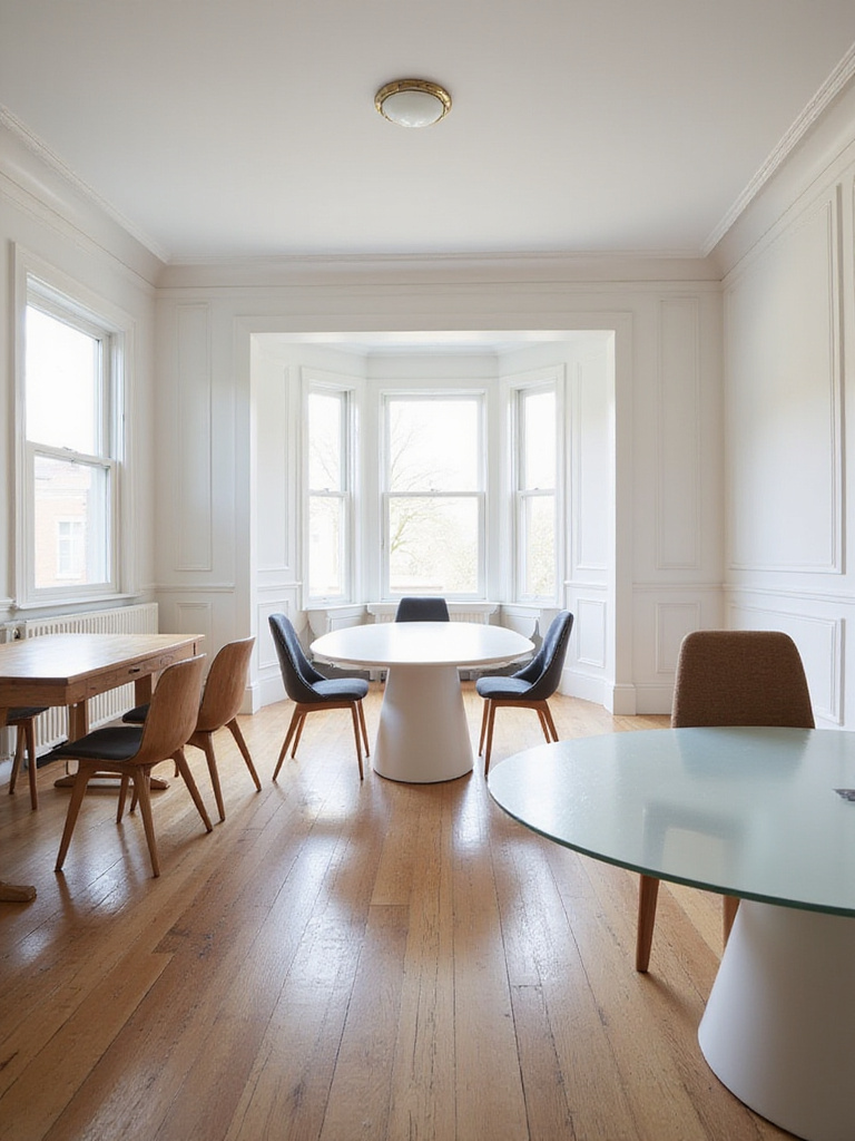 Different dining table shapes including rectangular, round, and oval shown in various room layouts and styles, illustrating how shape impacts space and flow.