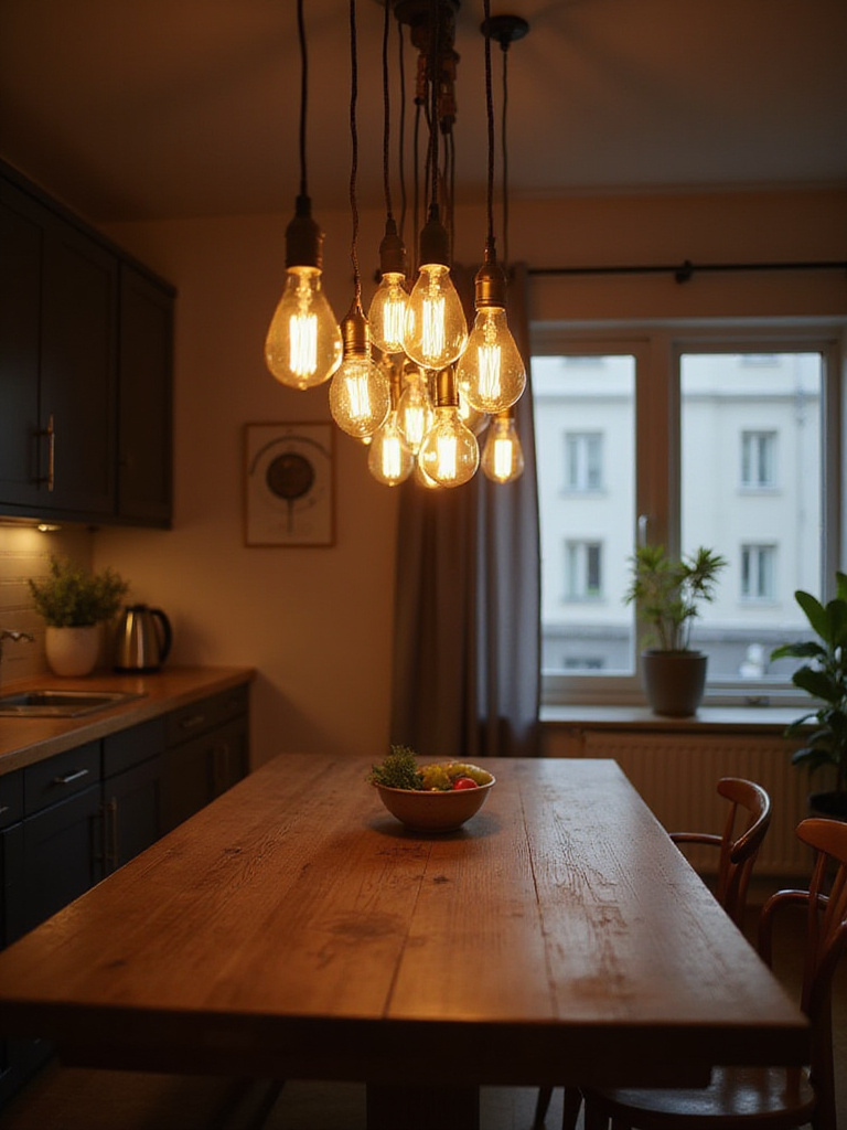 Kitchen dining area with pendant lighting featuring a mix of LED and Edison bulbs.