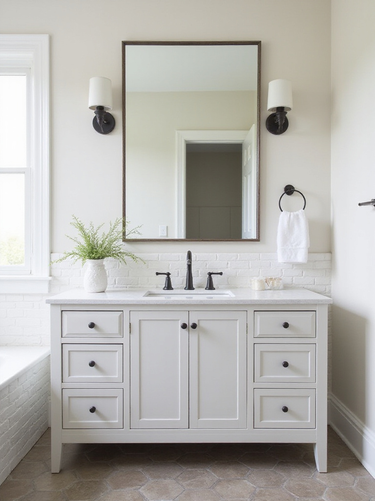 Transitional bathroom featuring a white furniture-like vanity with a quartz countertop and undermount sink, paired with a simple framed mirror and subway tile walls.