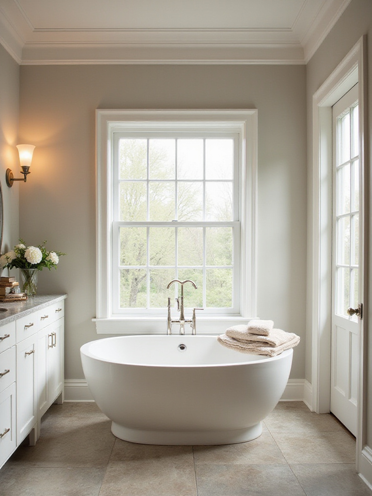 Luxurious transitional bathroom featuring a white freestanding bathtub as the focal point, set against a backdrop of blended classic and modern elements, creating a serene spa-like atmosphere.