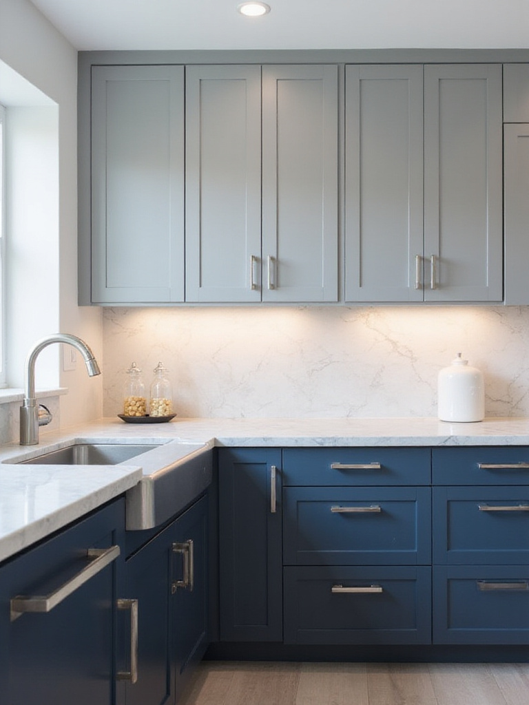 Modern kitchen with two-tone cabinetry in navy blue and light gray