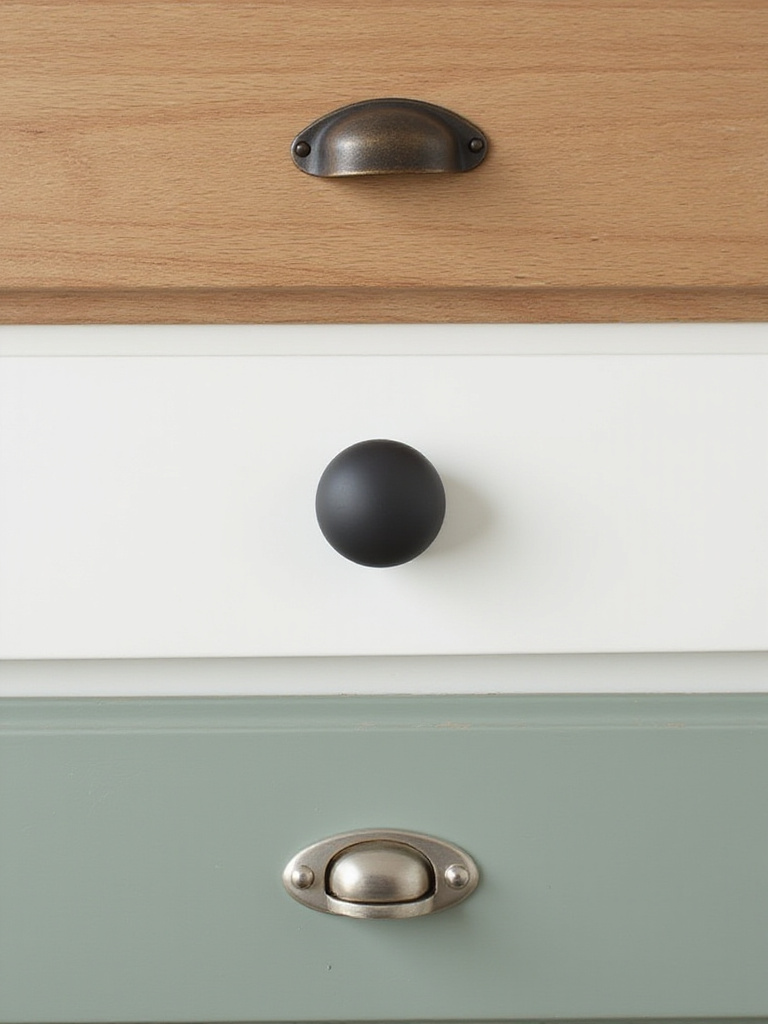 Three farmhouse vanity drawer fronts displaying different hardware: oil-rubbed bronze cup pull on oak, matte black knob on white, and brushed nickel bin pull on sage green.
