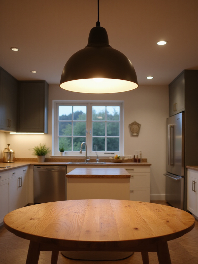 Round wooden dining table illuminated by a single, large pendant light in a modern kitchen.