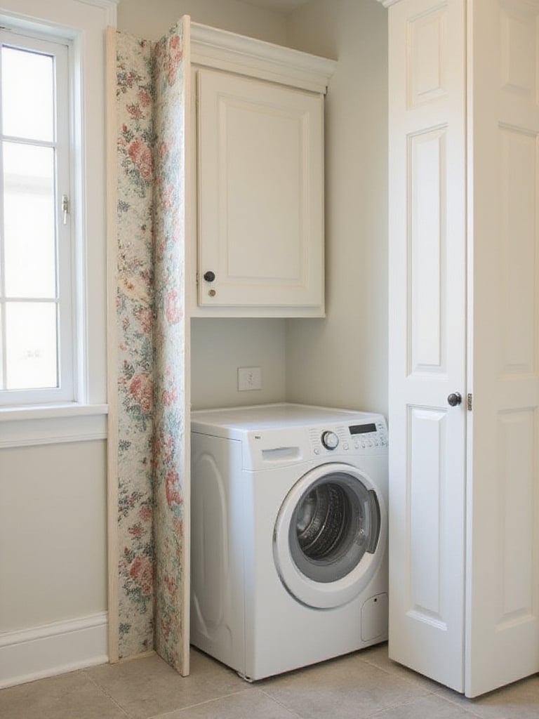 Laundry room with pipes and utility boxes cleverly concealed behind a decorative removable panel or matching cabinetry for a cleaner look.