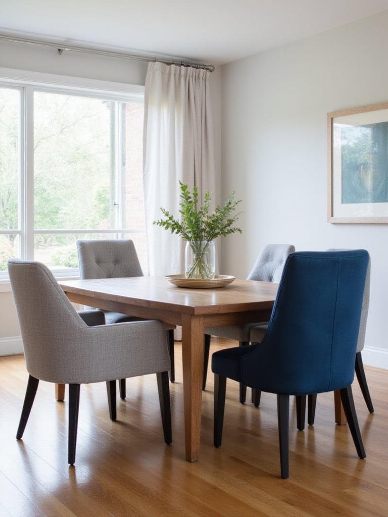 Dining room with mixed upholstery chairs: grey performance fabric and dark blue velvet