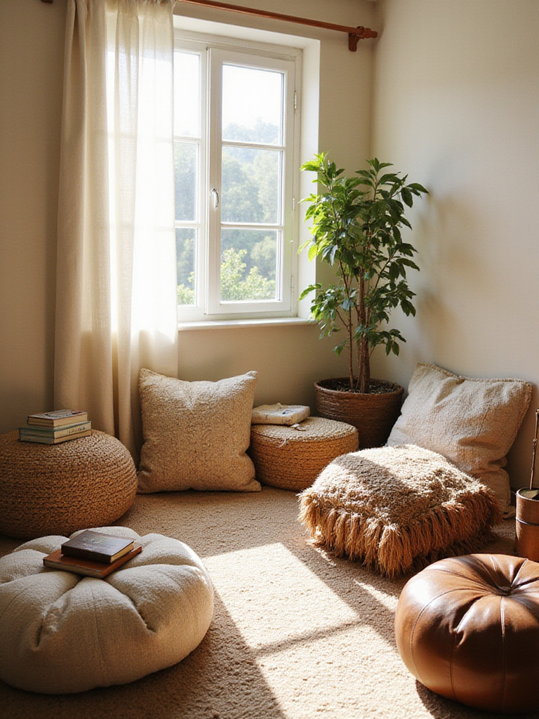 A collection of comfortable floor cushions and poufs arranged on a textured rug in a sunlit boho bedroom corner.