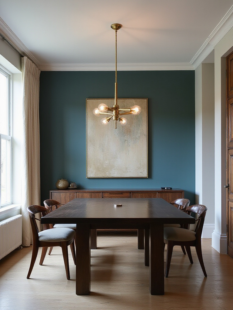 Elegant dining room with modern chandelier and teal accent wall featuring abstract art.