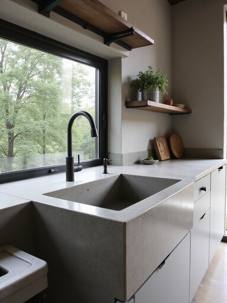 Integrated grey concrete kitchen sink and countertop in a modern industrial kitchen with natural light.