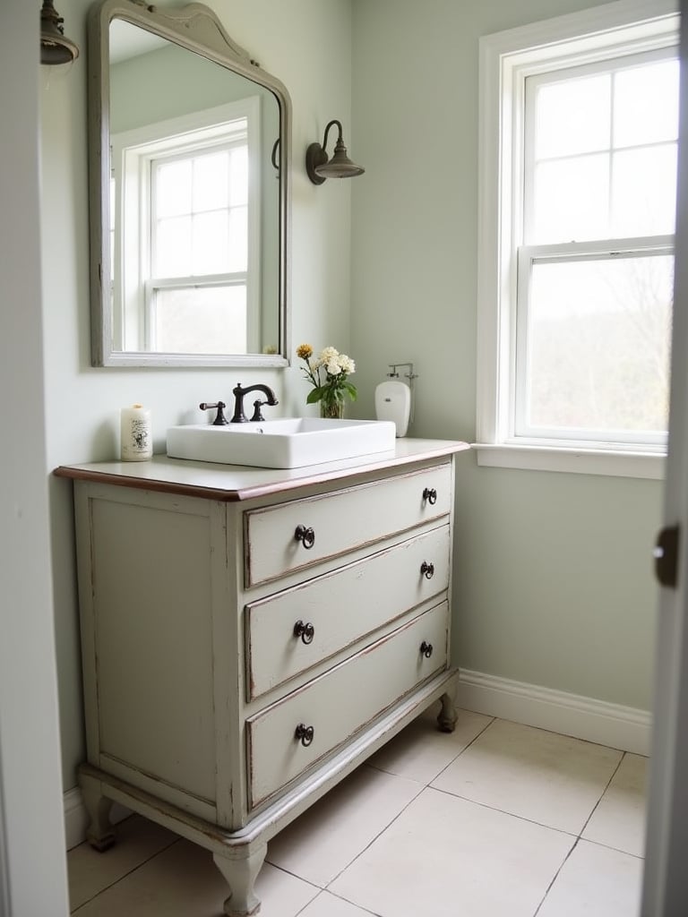 Vintage wooden dresser repurposed as a bathroom vanity with a sink, adding unique character to a renovated bathroom.