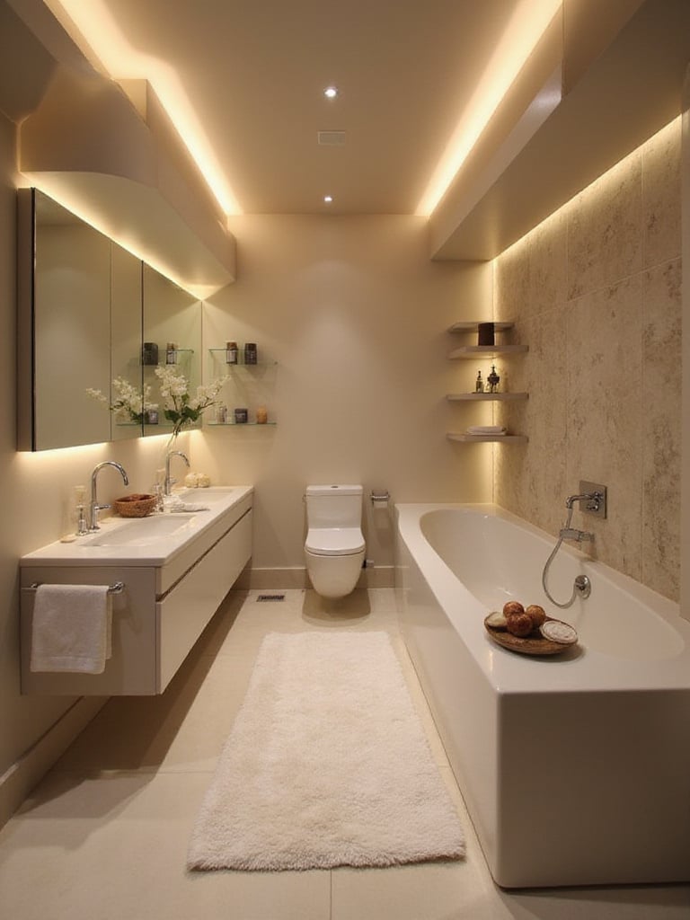 Modern bathroom with LED strip lighting in coves and under shelves