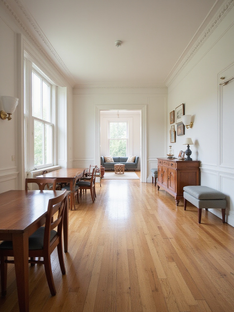A spacious dining room layout demonstrating good traffic flow with ample clearance around the dining table and clear pathways to entry points and a buffet.