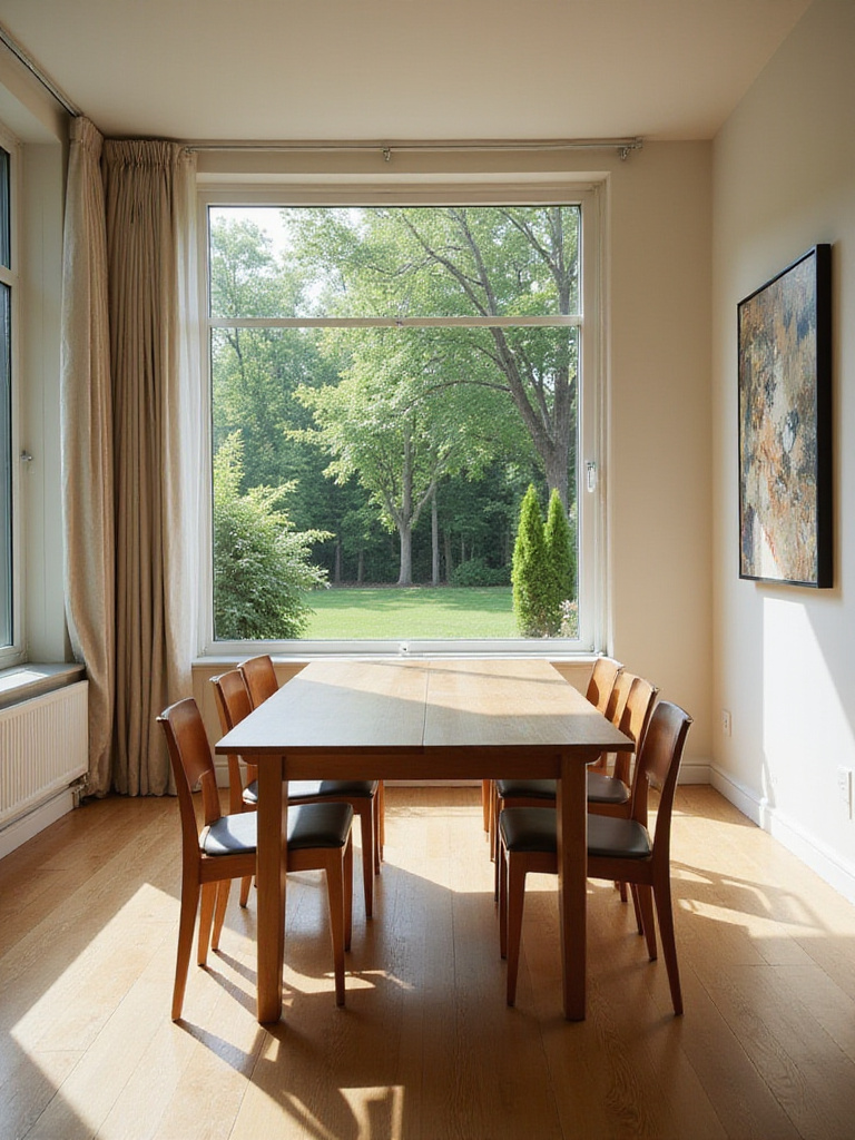 Empty dining room with a wooden table and chairs positioned to face a large window offering a clear view of a green garden, illustrating consideration of views from each seat.