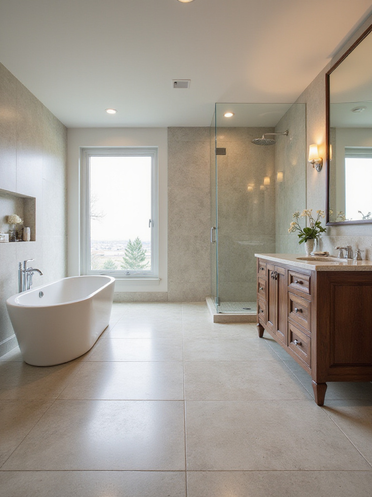 Sophisticated transitional bathroom featuring large format stone-look tiles on floor and shower walls, creating a seamless look with minimal grout lines. Includes a modern freestanding tub and a transitional vanity.