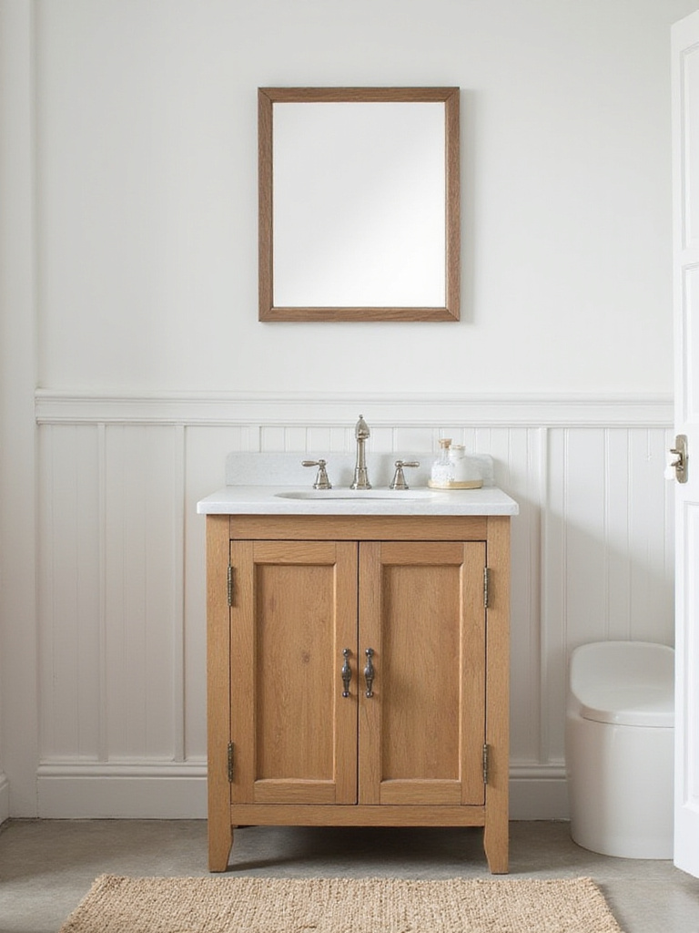 A medium-toned wood farmhouse vanity, appropriately scaled for a moderately sized bathroom, shown with a mirror and rug.