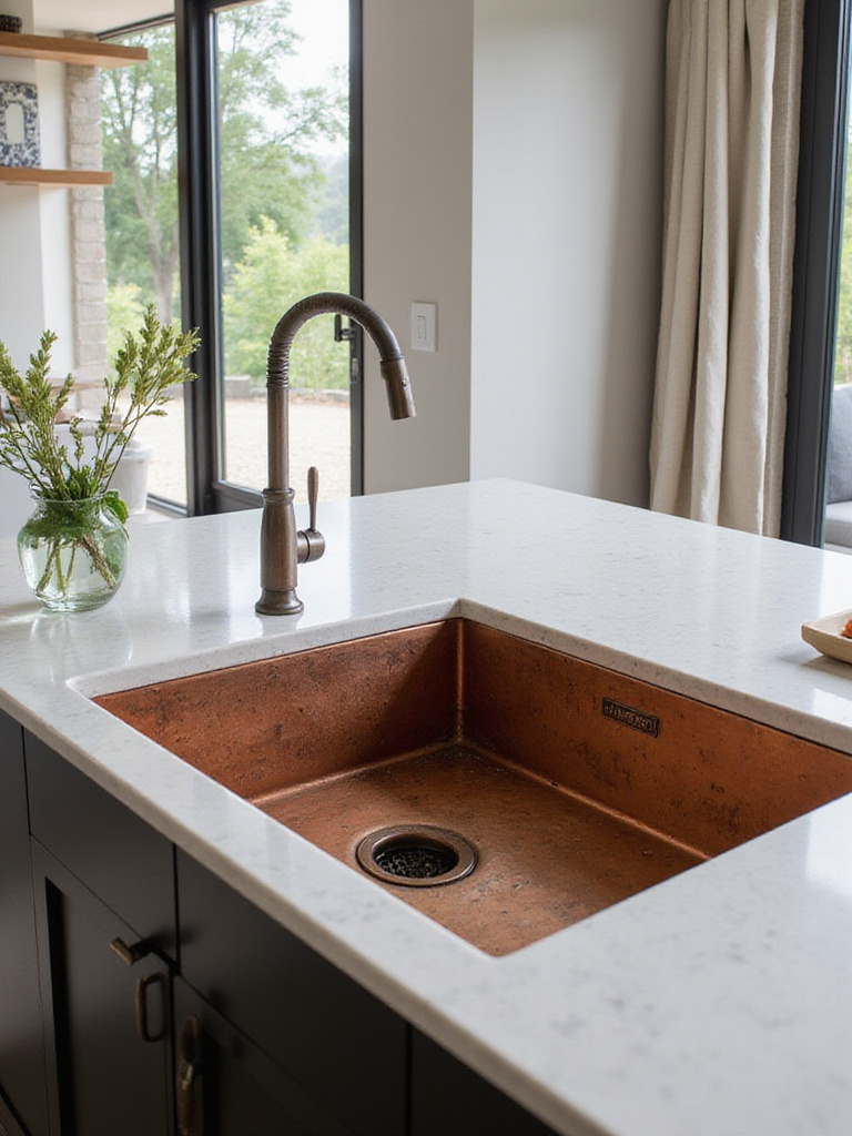 Modern kitchen featuring a large hammered copper sink set into a light countertop, showcasing its warm tone and natural patina.