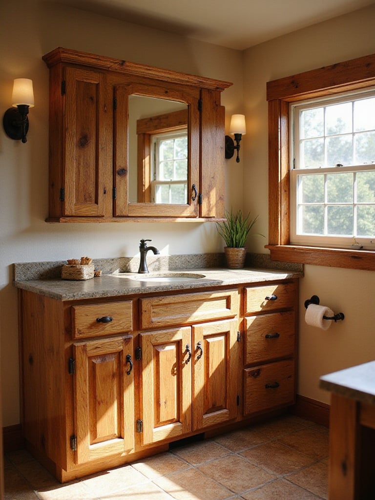 Warm rustic wood vanity cabinets with a stone countertop in a cozy bathroom.