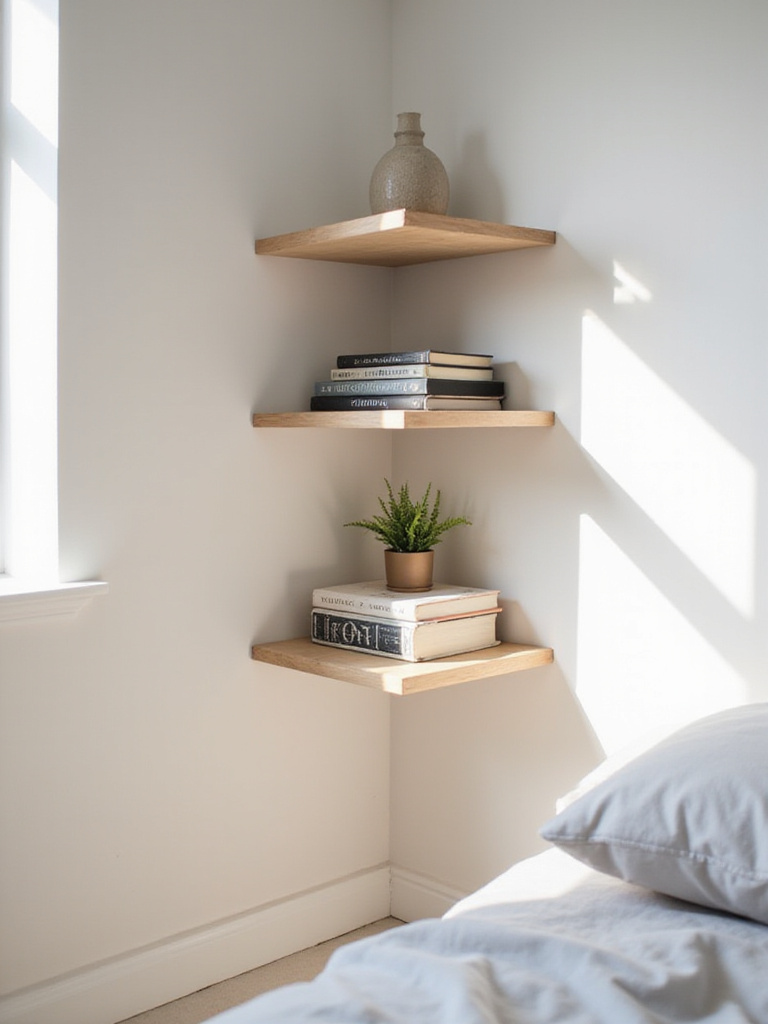 Small bedroom corner with floating shelves holding books and decorations.