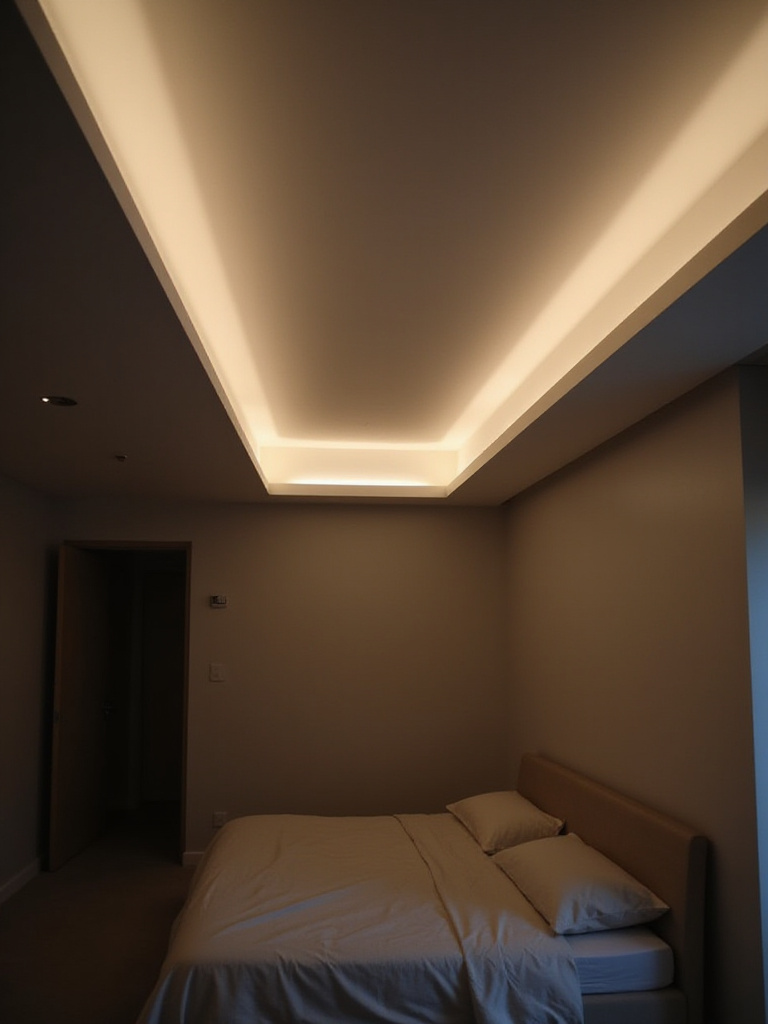 Bedroom with soft, indirect cove lighting creating a warm, ambient glow on the ceiling.