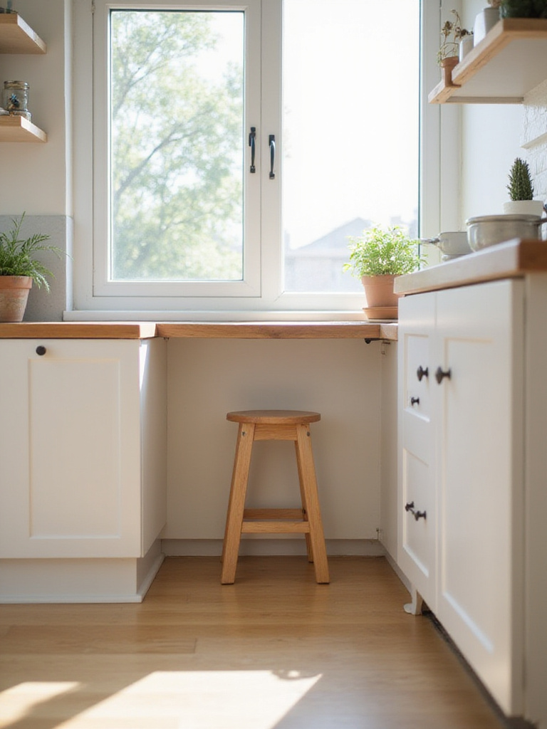 A small apartment kitchen featuring a wooden stool neatly placed under a counter, creating a cozy seating area.