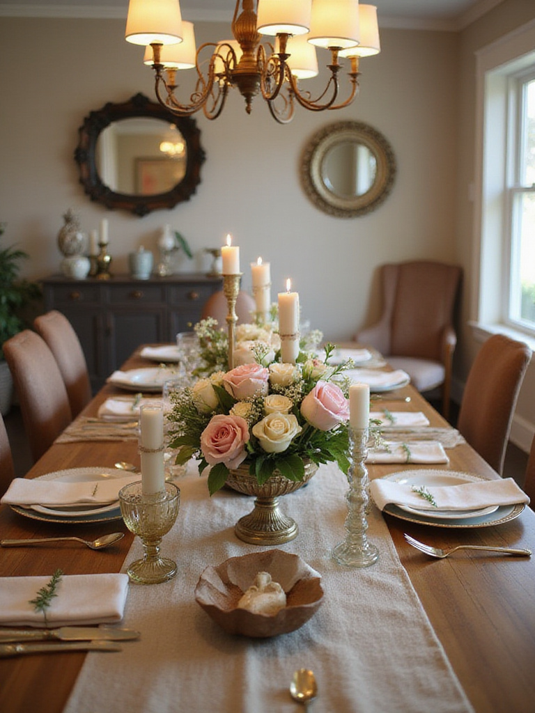 An elegant dining table styled with a beautiful centerpiece featuring a floral arrangement, candles, and decorative elements, enhancing the room's decor.