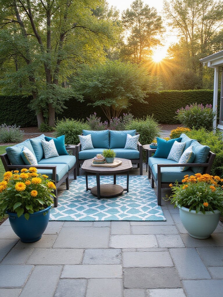 A stylish patio featuring a cohesive color palette of blues, greys, and greens, accented with vibrant yellow and orange flowers. The scene includes comfortable outdoor furniture, decorative pillows, planters, and an outdoor rug on grey pavers, illuminated by warm golden hour light.