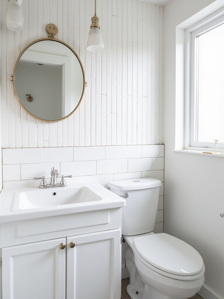 Small bathroom with white vertical subway tile
