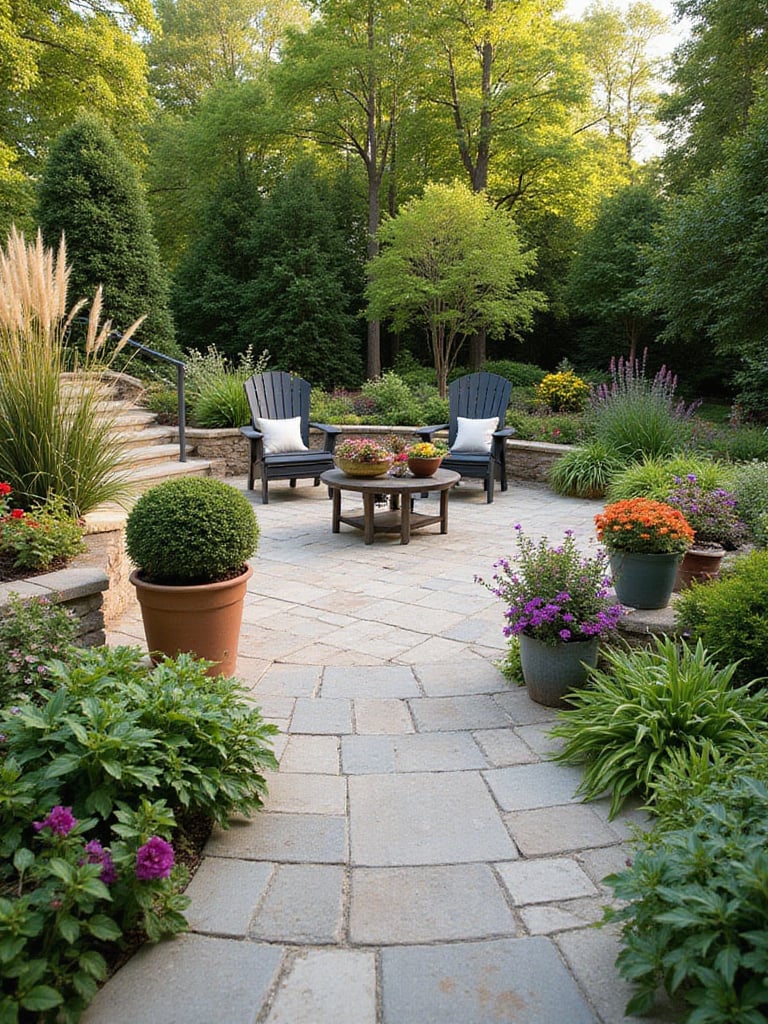 A stunning patio design featuring natural stone pavers, integrated with lush surrounding garden beds and a variety of potted plants, creating a vibrant outdoor living space.