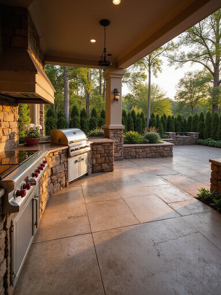 Luxurious outdoor kitchen and bar area on a patio with stone veneer, granite countertops, and stainless steel appliances, ready for al fresco dining.