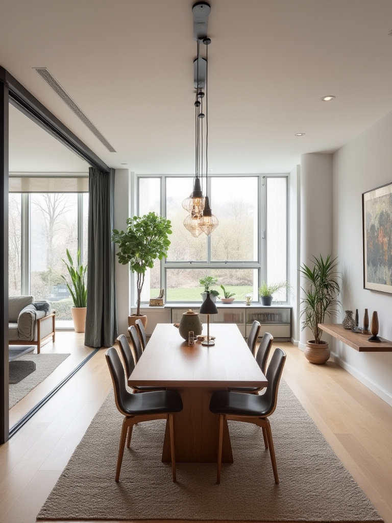 Modern open-plan living and dining area showing effective zone creation using a large area rug, pendant lighting, and strategic furniture placement.