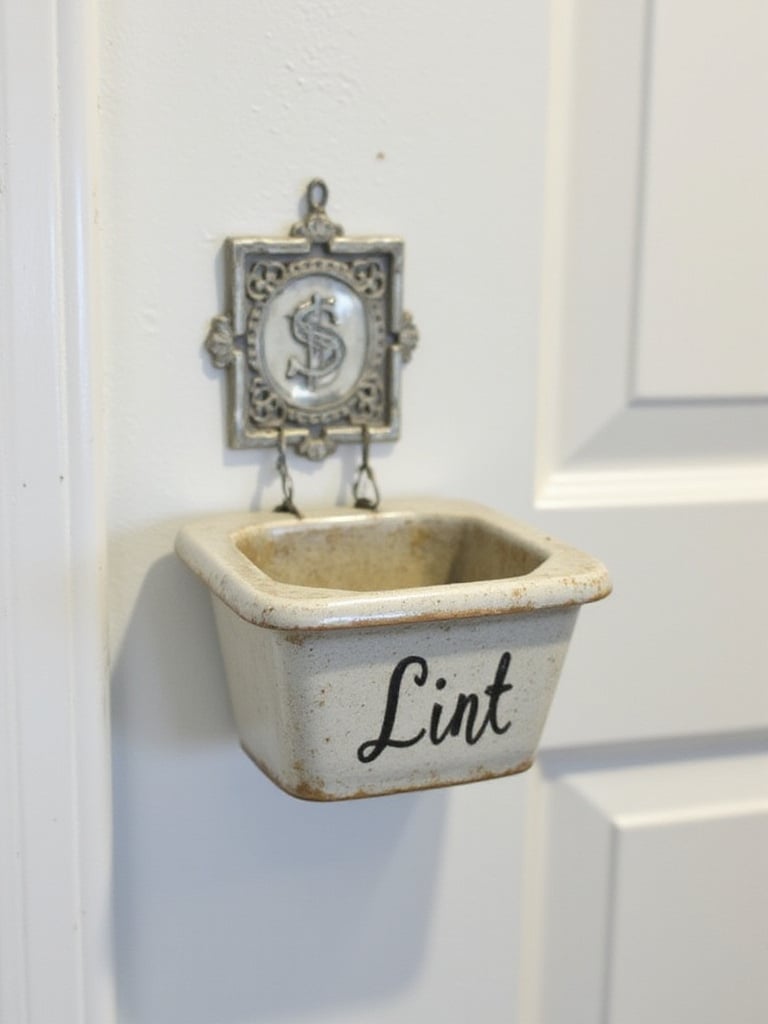 A conveniently located and decorative DIY lint bin made of metal or ceramic, placed next to a dryer for easy lint disposal.