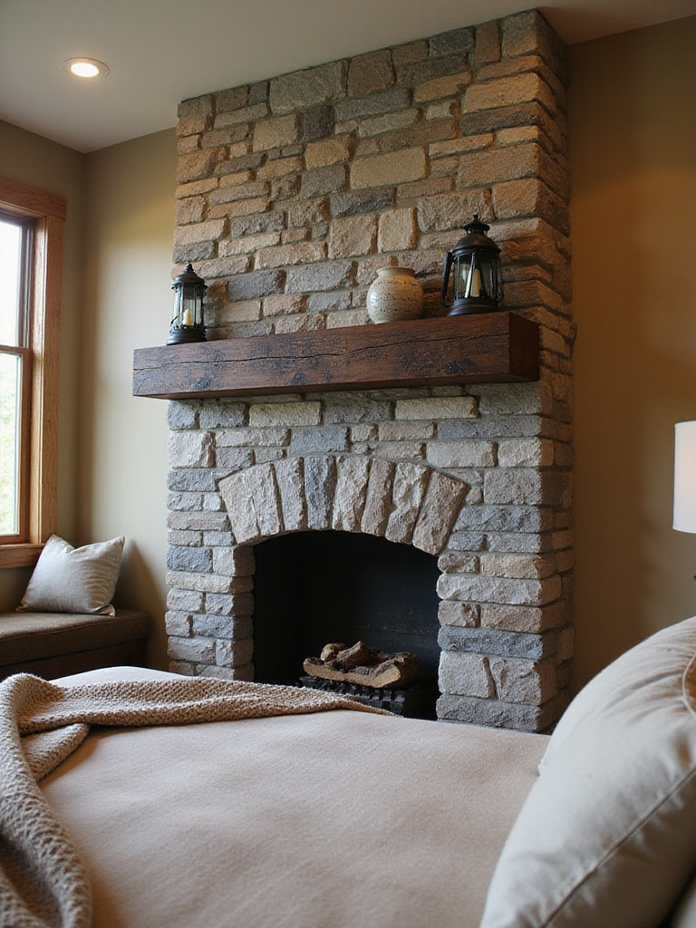 Rustic bedroom featuring a faux stacked stone hearth with a wood mantel, adding cozy charm and a focal point.