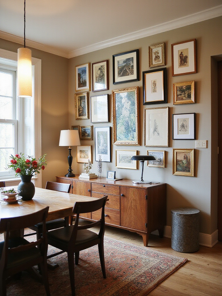A stylish dining room features a large gallery wall showcasing a collection of framed art, photographs, and a mirror above a dining table and chairs.