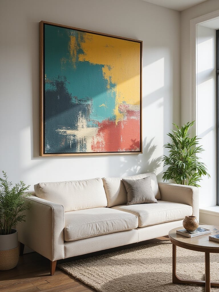 A vibrant living room with an oversized abstract wall art piece above a modern sofa.