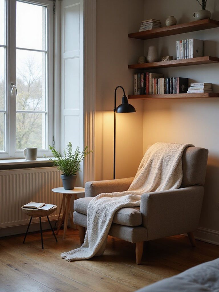 A cozy reading corner set up in the corner of a stylish apartment bedroom, featuring a comfortable armchair, floor lamp, and small side table with books and a mug, demonstrating how to create a relaxing space in a small area.