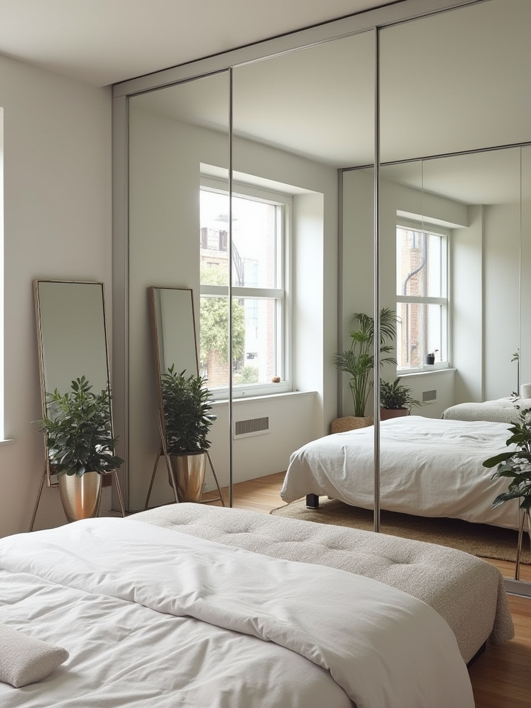 A bright, small apartment bedroom featuring strategic mirror placement to create an illusion of space. A large mirror reflects light from a window, mirrored closet doors expand the view, and a leaning full-length mirror adds depth.