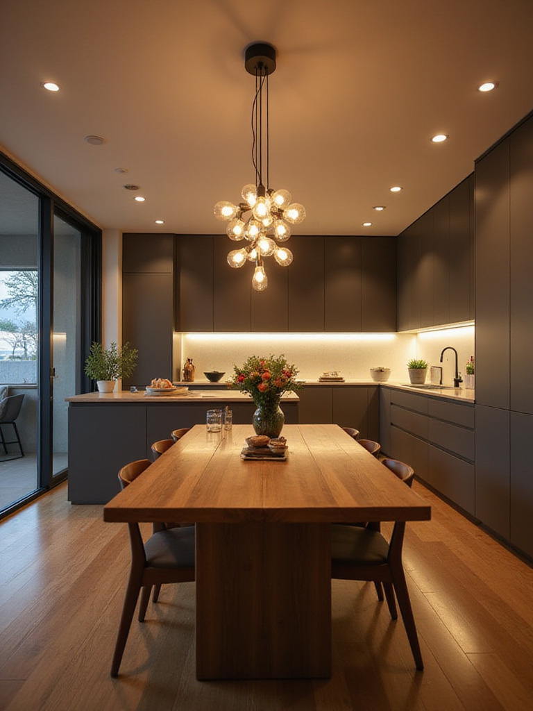 Kitchen dining area with layered lighting, showcasing pendant light, recessed lights, and under-cabinet LED strip lights for ambiance.