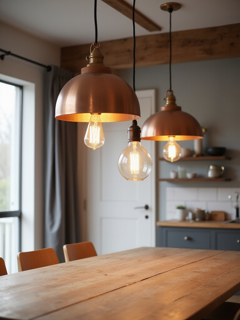 Kitchen dining table illuminated by mismatched pendant lights in copper, glass, and black geometric styles.