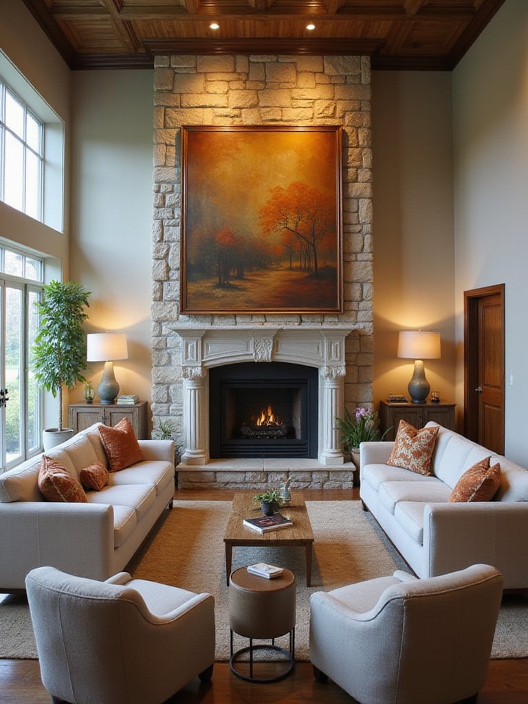 Elegant living room centered around a stone fireplace with abstract art above, showing furniture arranged towards the focal point.