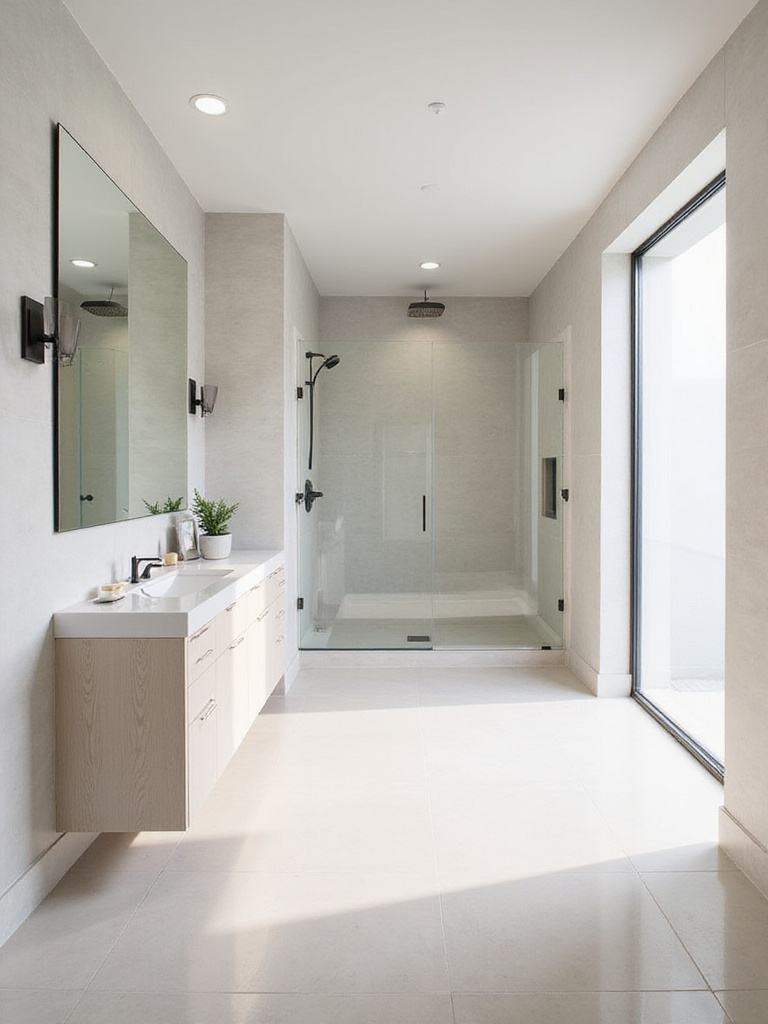 Transitional bathroom designed for space and openness, featuring a floating vanity, large frameless mirror, clear glass shower, and light color palette.