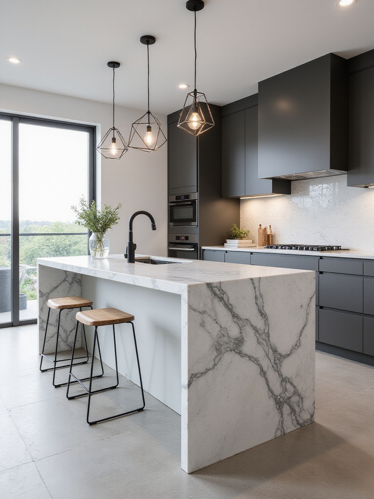 Modern kitchen interior with a stunning marble waterfall island as the focal point.